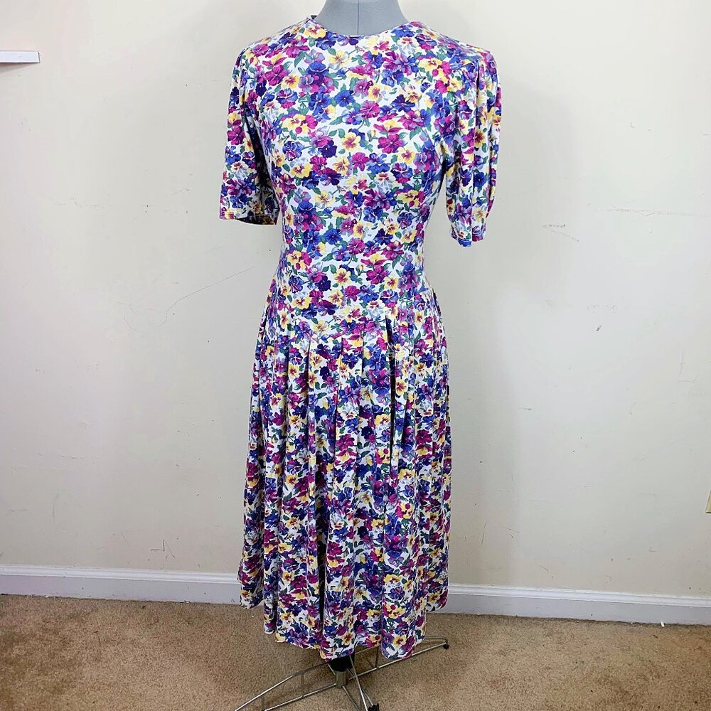 Vintage 90s Cottage Core Pansy Print Knit Dropwaist Maxi Dress Size 8 XS